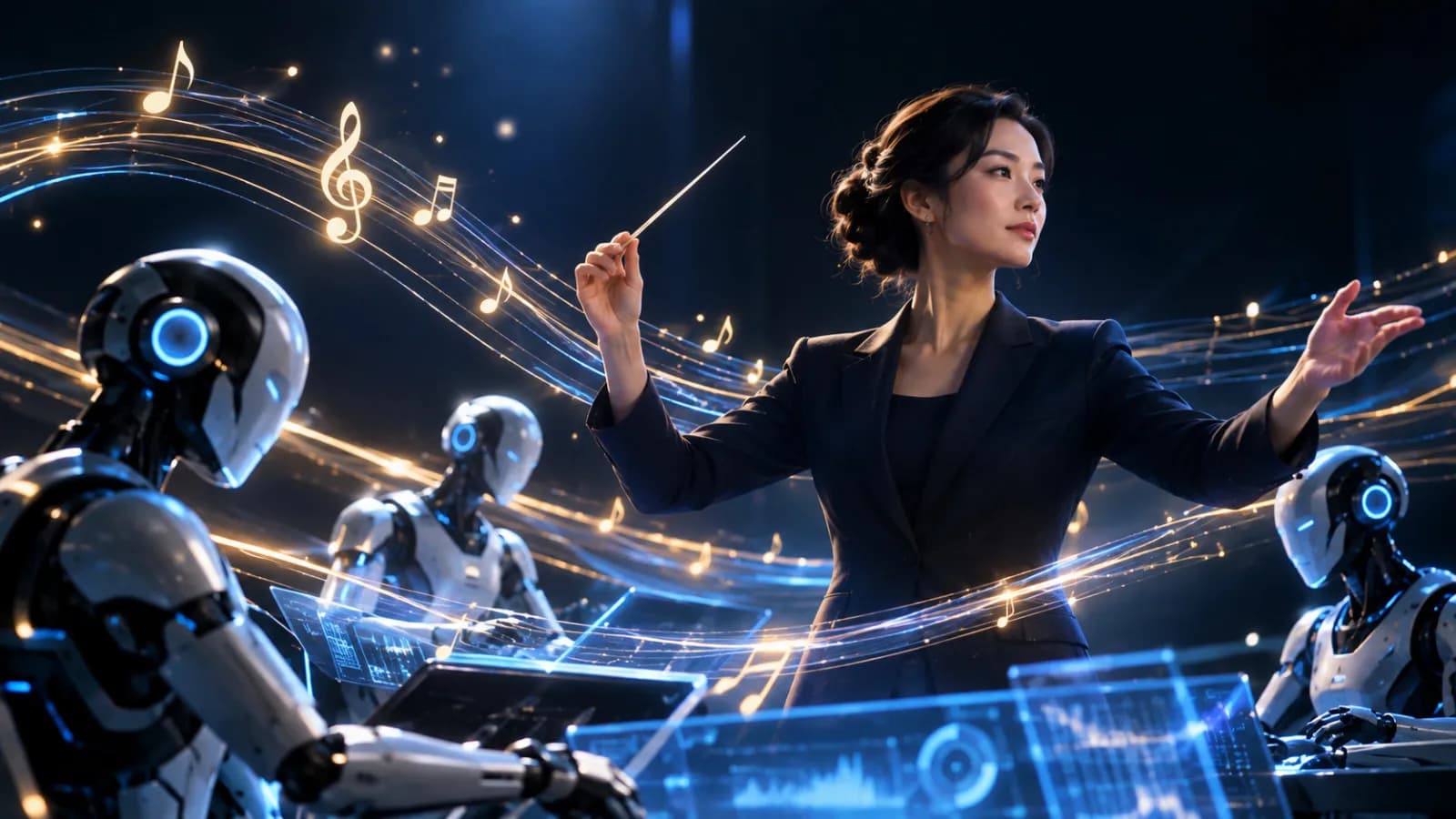 A Bengal tiger roaring at a humanoid robot in a dark, cinematic scene