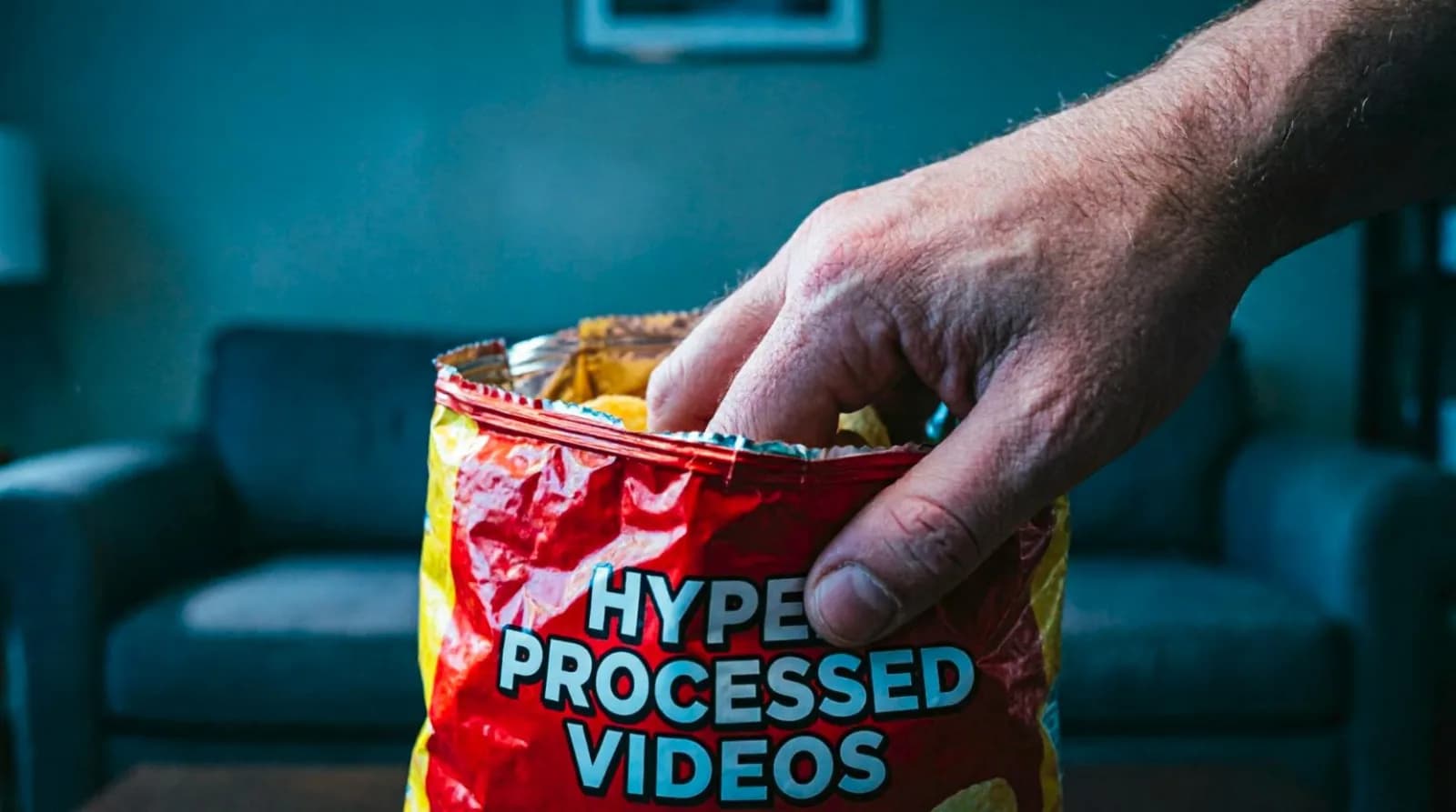 A hand reaching into a bag of hyper-processed video content in a dark room