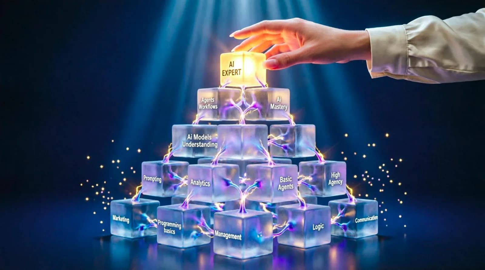 A glowing pyramid of knowledge blocks connected by neural synapses